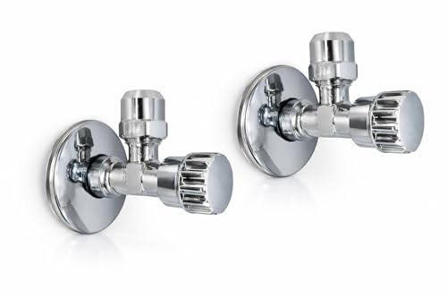 2er Set Eckventil 1/2 Zoll x 3/8 Zoll – selbstdichtend aus Messing – mit Wandrosetten & Dichtungen – Absperrventil für Sanitärinstallation