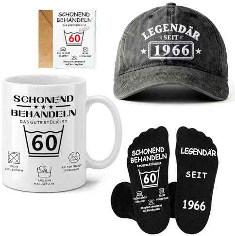 Gratitopia Geschenke Ensemble cadeau amusant pour homme du 60e anniversaire avec casquette vintage 1966, tasse amusante, chaussettes et carte antidérapantes – Boîte cadeau originale pour homme (blanc)