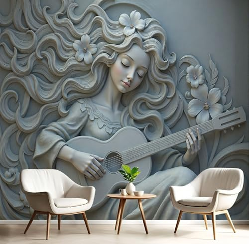 Papier Peint Panoramique 3D Soie Motif Jouant Guitare Beauté, 400×280 cm Murales Panoramique Relief Plâtre Femme Pour Salon, Adulte Chambre D'Enfants, Restaurant Décoration, Gris