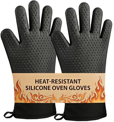 J&A Marts® Premium Double Oven Gloves - Heat Resistant Oven Mitts & Potholder -Non-slip Silicone Design -Maximum Heat Protection- Machine Washable for Home & Kitchen (Black Silicone)