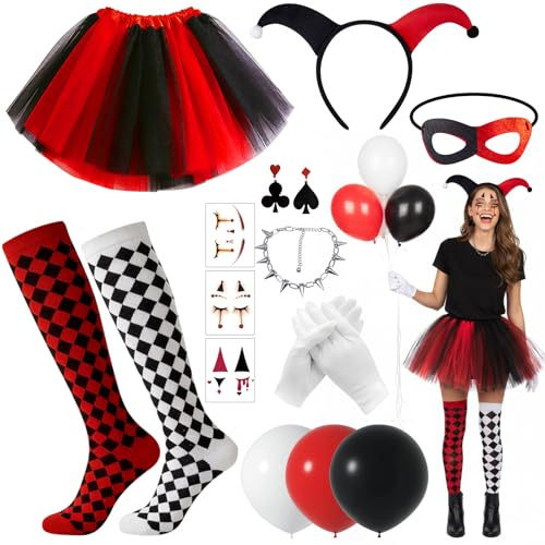 CHMMY Clown Kostüme Damen, 13 Stück Quinn Cosplay Kostümset mit TuTu Halskette Stirnband Socken Handschuhe Ohrringe Horror-Aufkleber für Erwachsene Faschingskostüme Karneval Mottoparty Cosplay Kostüm