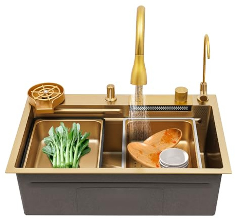 LENJKYYO Évier cascade, évier de cuisine en acier inoxydable 1 bac, évier multifonctionnel avec robinet extractible, lave-tasses et ensemble complet, évier cascade pour la cuisine (Or, 68*46*22cm)