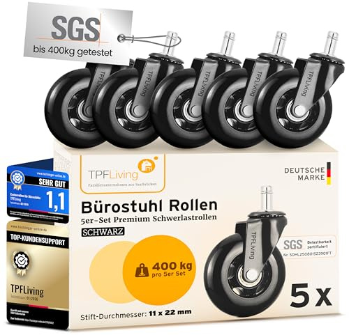 TPFLiving Bürostuhl Rollen Ersatzrollen für Parkett, Teppich, Hartboden 11x22 mm schwarz – höchste Belastung bis 400kg – Invictus ProGlide 5er-Set Bürostuhlrollen