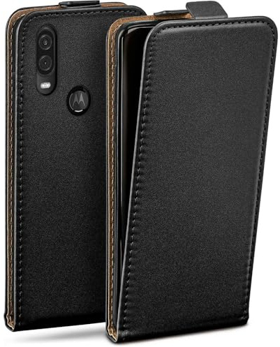moex Flip Case für Motorola One Vision Hülle klappbar mit 360 Grad Schutz, Handyhülle mit Displayschutz, PU Leder Handytasche Lederhülle, Flip Case Cover Klapphülle, Schwarz