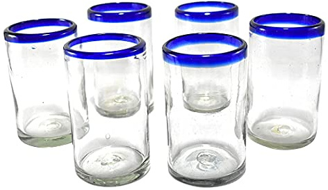 MAREY Mundgeblasene Trinkgläser, handgefertigt aus Mexiko, 6 Stück (kobaltblauer Rand, Wasser, 473 ml)