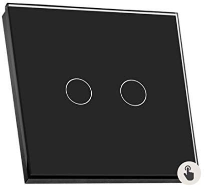 Sardini Home Nero Black Tempered Glass UK Touch Screen Single Wall Light Switch – 2 Gang 1 Way with Responsive LED On/Off Indicator