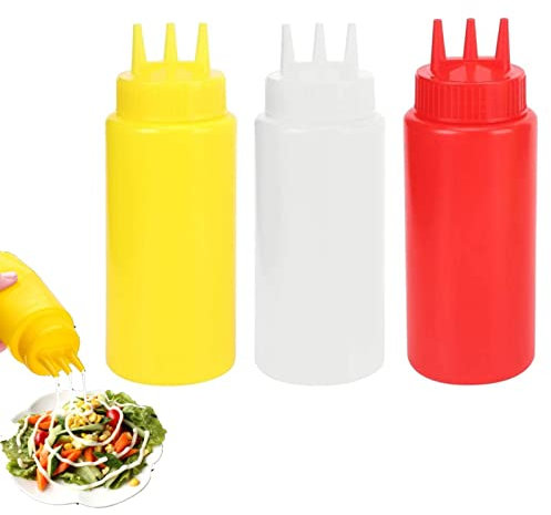 3 Hole Condiment Squeeze Bottle, Plastic Squeeze Bottles for Ketchup Hot Sauces Olive Oil 3Pcs