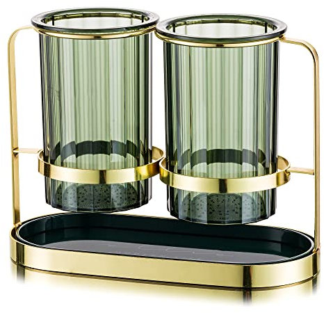 Soporte Para Utensilios De Cocina, 2 Tazas Verdes Con Marco De Hierro Dorado, Recipiente Para Cubiertos Elegante Y Moderno Para Tenedor, Cuchara, Cuchillo, Espátula, Cubiertos
