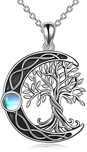 YAFEINI Baum des Lebens Halskette 925 Sterling Silber Mondstein Keltischer Knoten Anhänger Halskette für Damen Schmuck (Baum des Lebens Mond Halskette)