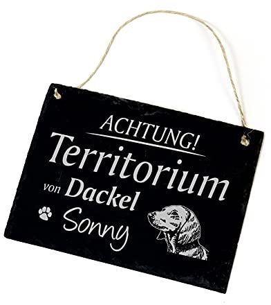 Dackel Schild Wunschname graviert - Achtung ! Territorium von .. Schiefer Warnschild Hund Türschild 22x16cm | Dekolando
