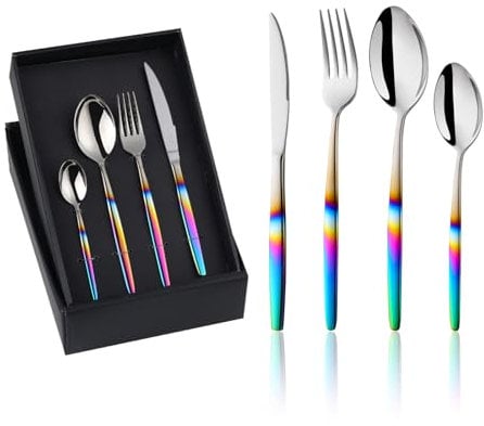 Buyer Star 16 Piece Rainbow Cutlery Set Stainless Steel Iridescent Handle Spoons Knife and Fork Sets for 4, Elegant Flatware Set Tableware for Daily Life and Dishwasher Safe