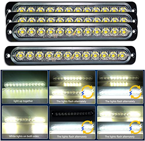 RIGIDON 4 Pz Bianco 12 LED Lampada di Emergenza Strobo Barra Luminosa, 12V 24V Impermeabile Luce Lampeggiante per Camion Auto Trattori Elevatori SUV 4x4 Veicolo Barca, Faretti fendinebbia