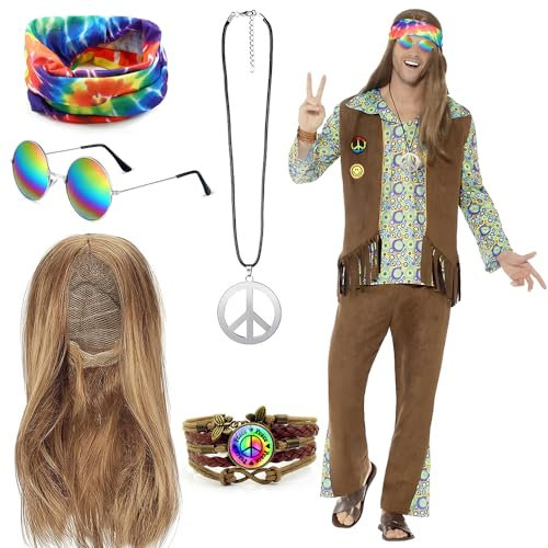 BIQIQI Hippie Perücke Kostüm Set Hippie Accessoires Friedenszeichen Halskette und Ohrringe Armband Hippie Stirnband Sonnenbrille Halloween Hippie Dress Up für 60er 70er Jahre Themenparty