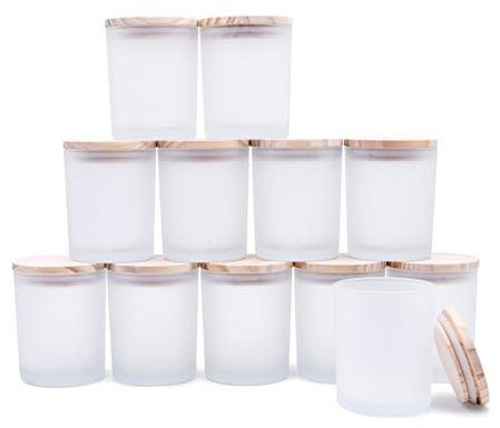 SHOWIN Lot de 12 pots à bougies en verre épais pour la fabrication de bougies, 198,4 g, bocaux vides transparents avec couvercles en bois, blancs, cylindriques, passent au lave-vaisselle