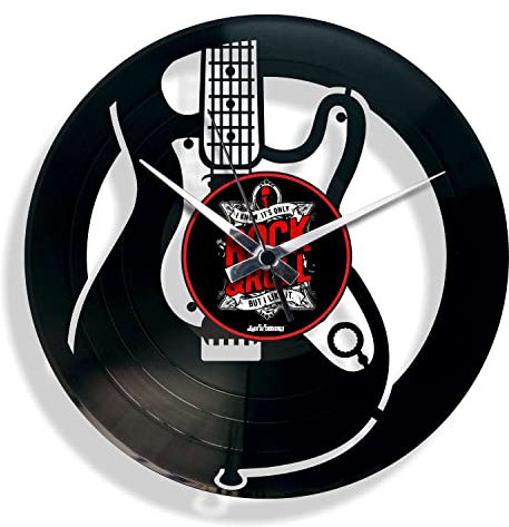 DISCOCLOCK - Elektronische Uhr auf Schallplatte aus 100 % recyceltem Vinyl, Geschenkidee für Gitarristen. Leise Vinyl-Uhr mit Gitarre, einfach aufzuhängen