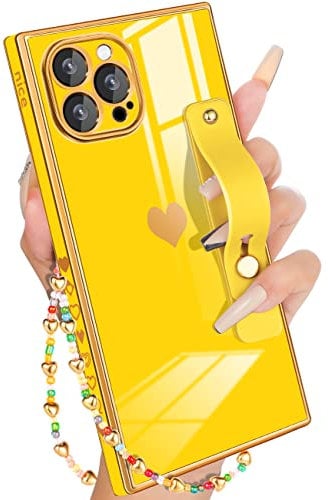 Petitian Square Case for iPhone 12 Pro Max with Finger Strap/Stand, Cute Women Girls Classic Designer Squared Edge Phone Cases for 12 Pro Max with Screen Protector and Wrist Chain, Yellow