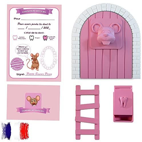 Myfuturshop® Petite Souris Porte Magique Boîte à Dent Escalier 4 Certificats de Dent Propre Cadeau Original pour Garçon et Fille Version Française (ROSE)