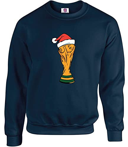 Santa Hat Football Champions World Cup Trophy Funny Kids Xmas Adults Unisex Ugly Christmas Theme Xmas Jumper Xmas Sweatshirt Adults Unisex Sweater Christmas (M, Navy)