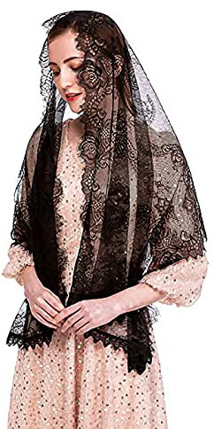 YJZQ Brautschleier aus Spitze, Schleier, Kapuze, Bandana, Vintage, Prinzessin, Schal, muslimischer Schleier, spanischer Stil, für Hochzeit, Kirche, Weiß, 60 cm, Schwarz , 58