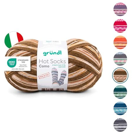 Gründl Wolle Hot Socks Como 4-fach - Sockenwolle für 1 Paar Socken - Sockengarn - Weich und hautfreundlich - 75% Schurwolle, 25% Polyamid - 1 Knäuel 100 g / 420 m -Nadelstärke 2,5 - 3 - walnuss-weiß