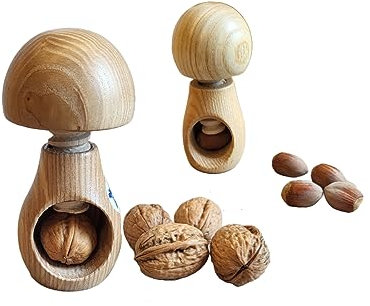 Mali’s 7458 – Casse-noix et casse-noisette décoratifs manuels en forme de champignon – En bois de frêne naturel – Ø6cm x hauteur 10cm et Ø4cm x hauteur 7cm - fabriqués en France