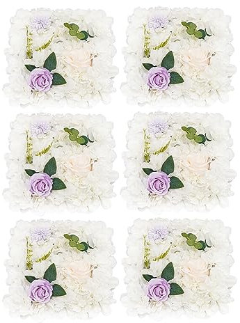 Blumenwandplatte Künstliche Blumenwand Rosenwand Flower Wall 38x38 cm Schaufenster Deko 6 Stück (Weiße Dahlien+Lila Champagner-Rosen+Lila Chrysanthemen)