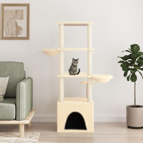 ZEYUAN Cat Tree with Sisal Scratching Posts Cream 147 cm,Cat Tree Tower Scratching Posts Multilevel Cat Climbing House with Condos & Ladder Cat Activity Centre for Indoor Cats
