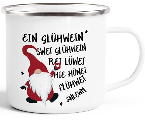 Moonworks® Emaille-Tasse Spruch Ein Glühwein Swei Glühwein-Becher Wichtel Weihnachtsmarkt Geschenk Weihnachtsmann emaille-weiß-silber standard