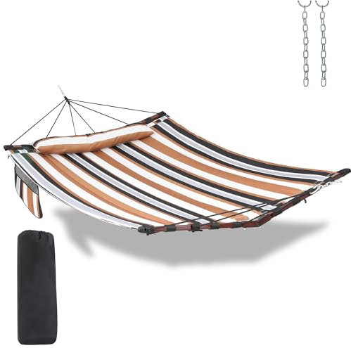 TegerDeger Hamaca grande de 12 pies para 2 personas, capacidad de 450 libras con barra separadora de madera dura en forma de V y cuerda de nailon para exteriores, patio, jardín, patio, playa, piscina,