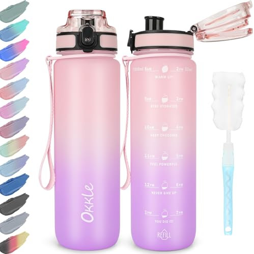 OKKLE Trinkflasche 1L BPA freie Wasserflasche mit Verschlussdeckel und auslaufsicher, geeignet für Fitnessstudio, Schule, Radfahren, Outdoor, Sport, Fitness