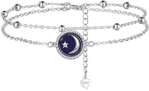 Lydreewam Lune et Étoile Bracelet de Cheville pour Femme Argent Sterling 925 Émail Bleu Double Chaînes avec Boules Été Plage Bracelet de Pied, Réglable 22+4cm