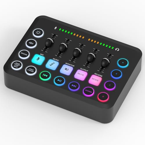 Geekria Mixer audio da gioco, Mixer PC RGB in streaming con connettore per microfono XLR, controlli individuali/Fader volume/Pulsante Mute/Alimentazione Phantom 48 V per Podcasting/Registrazione(Nero)