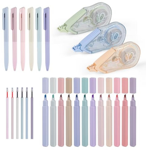 moinkerin 12 Stück Textmarker Pastell und 6 Aesthetic Gelstifte und 6 Ersatzpatronen und 3 Korrekturklebebänder für Lesezeichen,Studieren,Büro,Schulplaner Memo