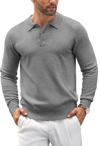 COOFANDY Men's Jumper Long Sleeve Polo Shirts Polo Neck Jumpers Smart Casual Knitted Jumpers Solid Color Pullover Grey M