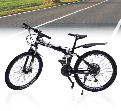 26 Zoll 21 Gang Mountainbike Fahrrad Unisex Scheibenbremsen Faltrad Scheibenbremse Fahrrad Kohlenstoffstahl Faltbares Klapprad Fahrräder Klapprad Fahrrad Leichtgewicht mit Federung MTB Schwarz + Wei