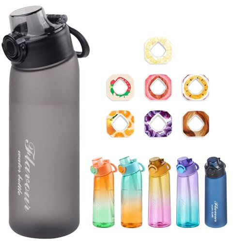 Metyniete Air Flasche | 900ML Trinkflasche Mit 7 Geschmack Pods BPA-frei Tritan Wasserflasche für Sport (Transparent Black+7 flavour pods)