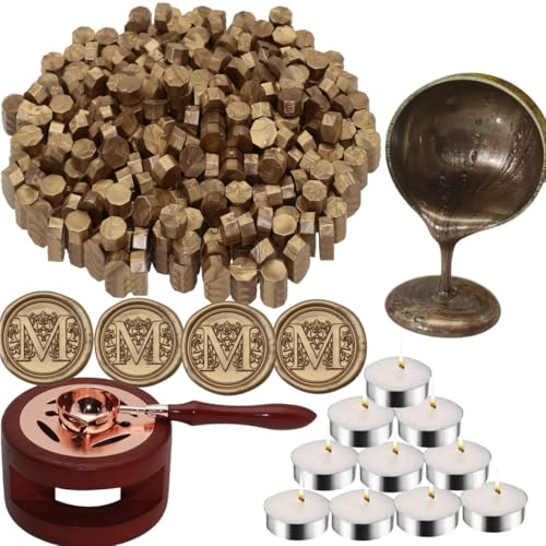 Wachs Siegel kit, Atopbb 300pcs Bronze Wachs Siegel Perlen, 1pcs Holz Wachs Siegel Wärmer, 1pcs geschmolzener Löffel und 10pcs Teekerzen für Wachs Siegel Stempel Kit (Bronze)