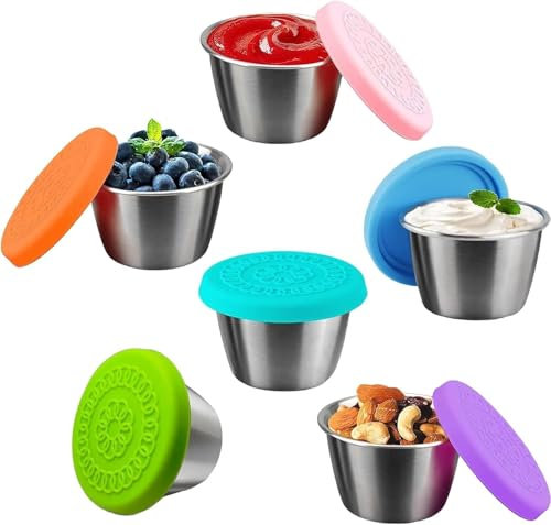 pobowlgarls 6PCs Stainless Steel Sauce Dishes with Lid Condiment Sauce Cups Seasoning Dishes Dip Bowls Serving Dishes Sushi Soy Dishes Silvery
