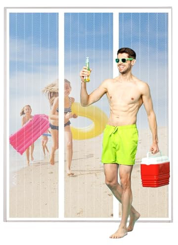 Moustiquaire Magnétique pour Portes, Rayures Blanches Moustiquaire Baie Vitree Coulissante,Double Ouverture Latérale Rideau en Maille, Fermeture Automatique,Pour Couloirs,Patio,270(90/90/90) x240cm