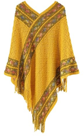 LIUYUYOUGO Stola Damen Festlich,Gestrickte Schals Und Tücher Für Damen Ärmelloser Pullover Poncho V Ausschnitt Zopfmuster Cape Wickeltuch Mit Fransen Boho Ethno Rhombus Häkel Poncho Mantel Weich