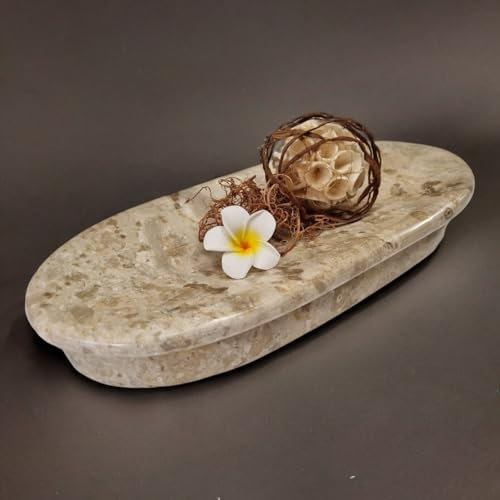 Kinaree Cuenco decorativo alargado, mármol – Piedra natural en forma ovalada – Bandeja de piedra beige para baño, salón, pasillo, etc.
