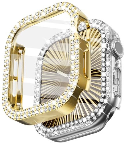 WINGLE 2 Stück für Apple Watch Serie 10 Displayschutzfolie 46 mm Bling Hülle für Frauen, Glitzer Diamant Strass Gesichtsabdeckung für iWatch 46 mm Apple Watch 10 46 mm Displayschutzfolie, Gold/Klar