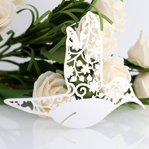50 Stück Hohle Hochzeits-Namens-Tischkarten in Form eines Kleinen Vogels mit Elegantem Design für Weinglas-Tischdekoration, für Bankette, Zeremonien, Partys (WHITE)