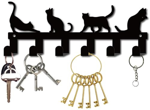 CREATCABIN Porte Clés Métal Forme Chat Porte Clés Mural Organisateur Clés Métal Porte Manteau Support Suspension Clés Support Mural Décoration Murale Chats Noirs pour Couloir Porte D'Entrée 27x10cm