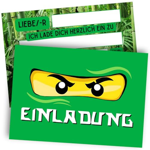 ZETTMANN® 12 Premium Einladungskarten Kindergeburtstag Junge - Karten Set mit Ninja Motiv - Einladungskarten Geburtstag - hochwertige Einladungskarten (Grüner Ninja)