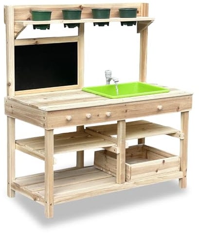 Mud Kitchen Playset for, Outdoor Wooden Toy Play Kitchen Set for Boys and Girls, Kitchen Accessories and Garden Sink, Outdoor Toy for Kids (Natural)