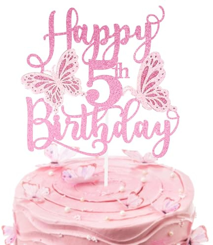 Personalised Pink 3D Butterfly Happy 5th Birthday Glitter Cake Toppers,Pink Butterfly Theme Cake Toppers for Cake Decorations Girls 5 Years Old Birthday Party Keepsakes