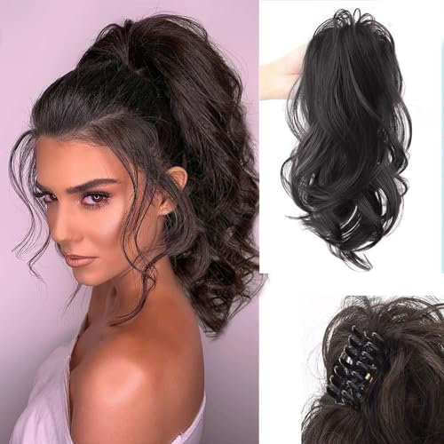 Pferdeschwanz-Verlängerungsklaue, mehrschichtiges Haar, gewellt, gelockt, zum Anklippen, Kunsthaar, weich, natürlich aussehend, synthetisches Haarteil für Frauen (Braun-Schwarz)