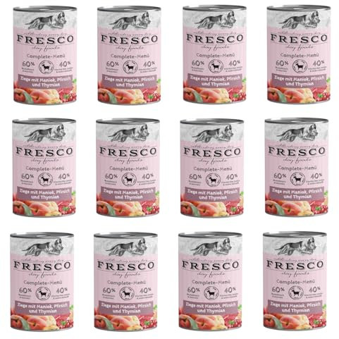 Fresco Complete-Menü Ziege mit Maniok, Pfirsich und Thymian | 12er Pack | 12 x 400 g | Nassbarf für Hunde | Wichtige Vitamine & Linolsäure | Grob zerkleinertes Naturprodukt