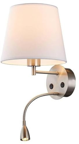 Alpinaluz Aplique de Pared con Luz de Lectura LED 3W y Pantalla Textil Blanca – Estilo Elegante Níquel Satinado – Casquillo E27 – Doble Interruptor para Dormitorio, Cabecero, Hotel o Estudio